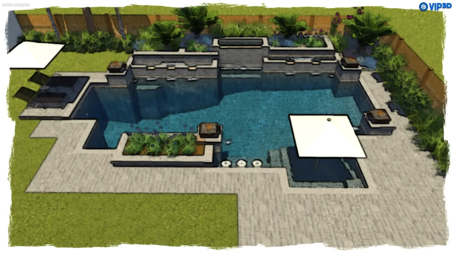 Aerial view of a modern backyard pool with stone deck, hot tub, and lounge area surrounded by greenery