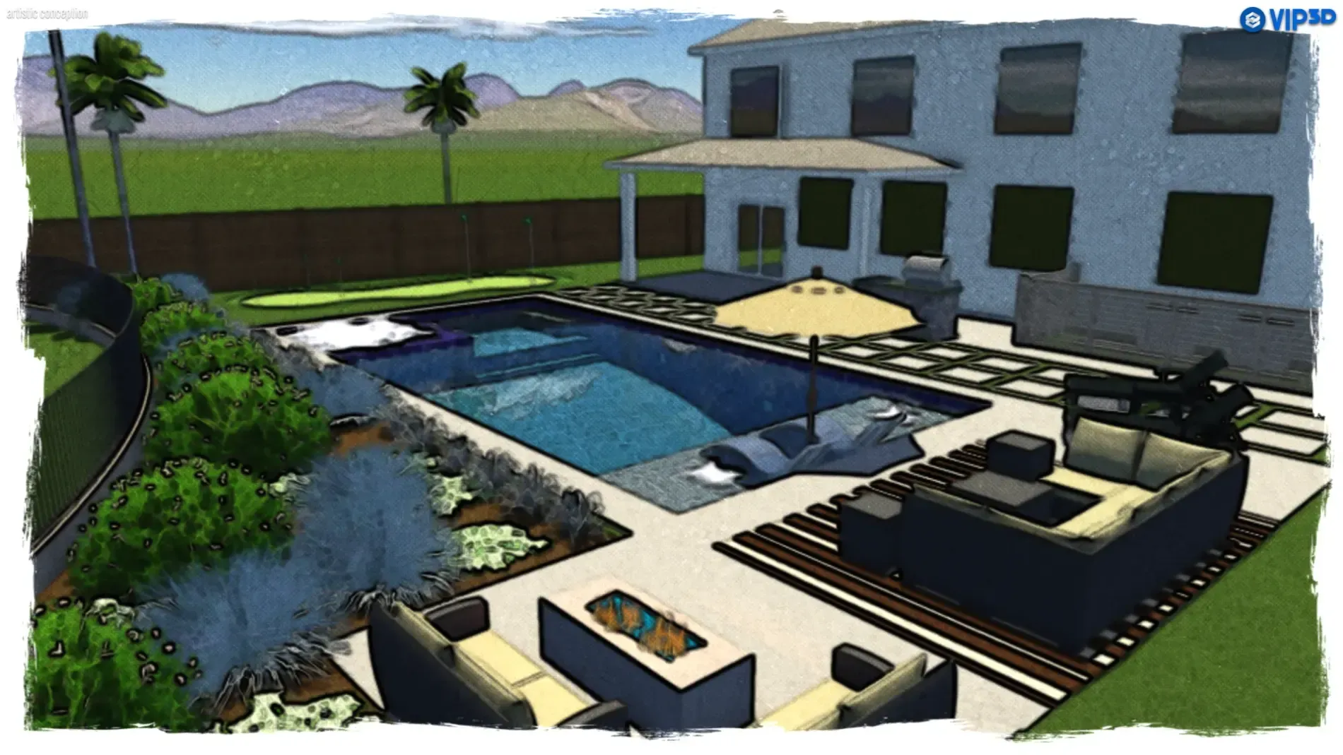 Modern backyard with a pool, patio lounge chairs, umbrellas, and a two-story house