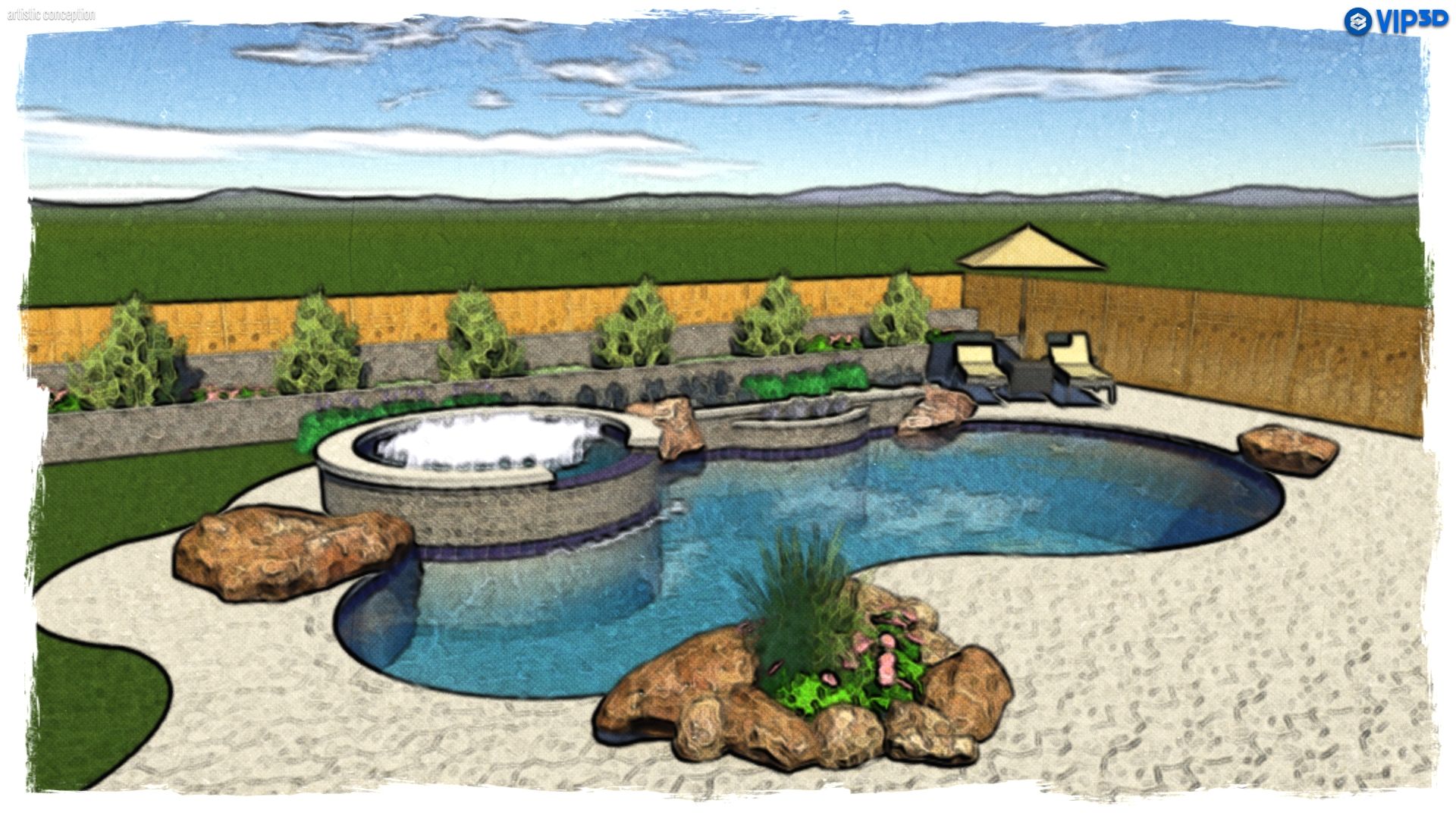 Backyard pool with a spa, rock waterfall, and patio seating under a blue sky.