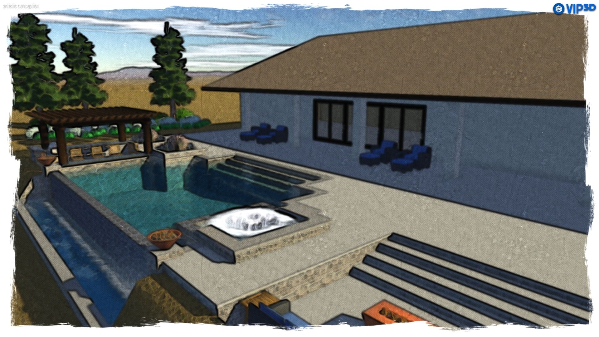 Modern backyard patio with pool, hot tub, lounge chairs, and pergola under a clear sky