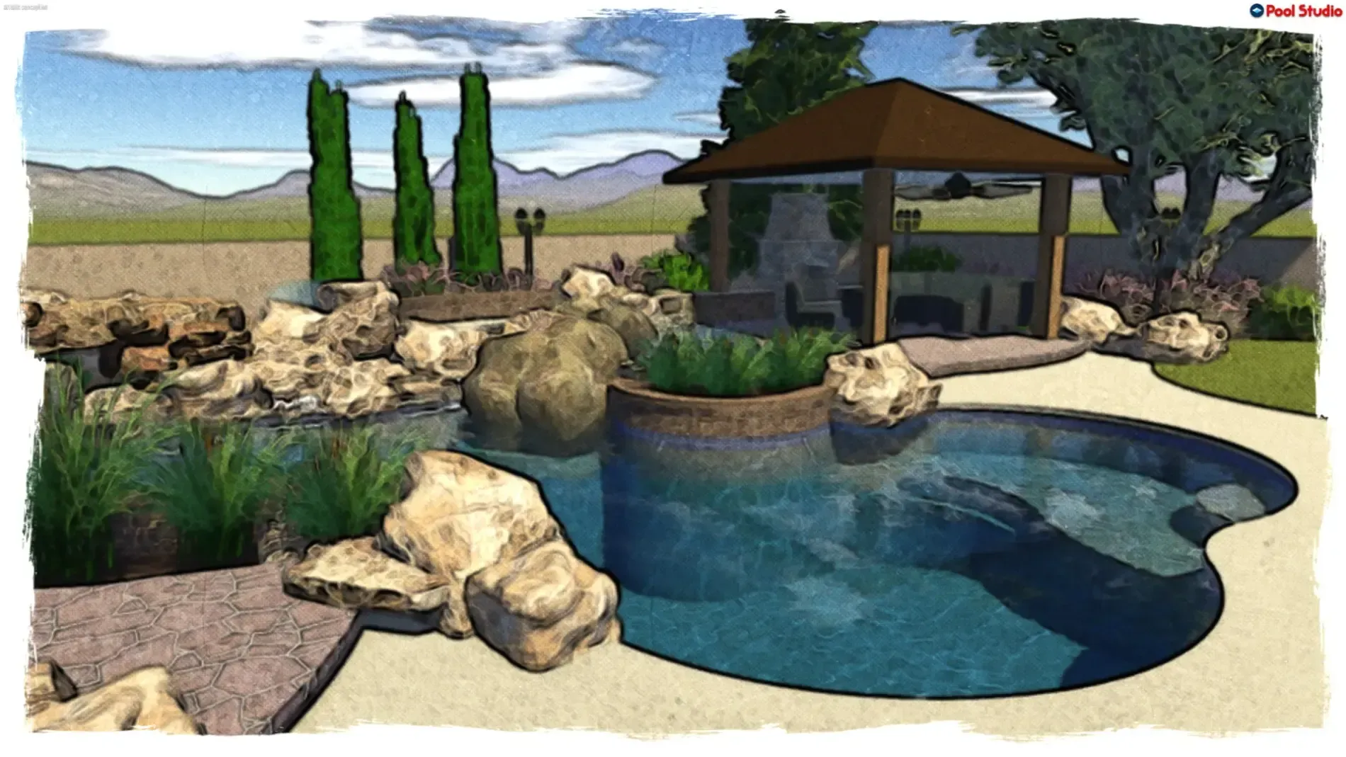 Backyard pool with rocks, desert plants, and a shaded patio gazebo under a blue sky