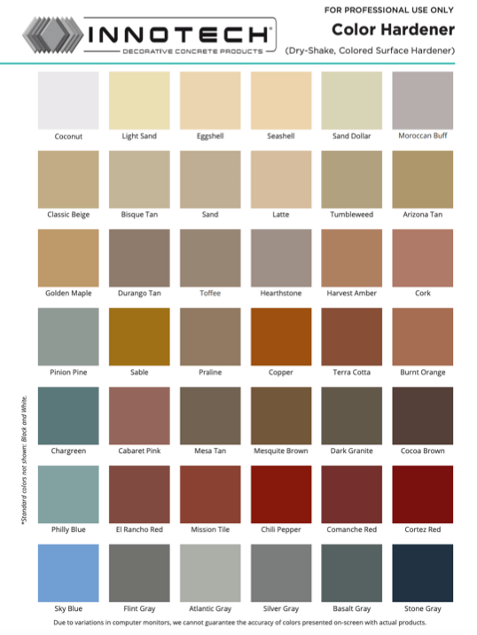 Color hardener swatch chart with many labeled neutral, tan, brown, gray, and blue samples