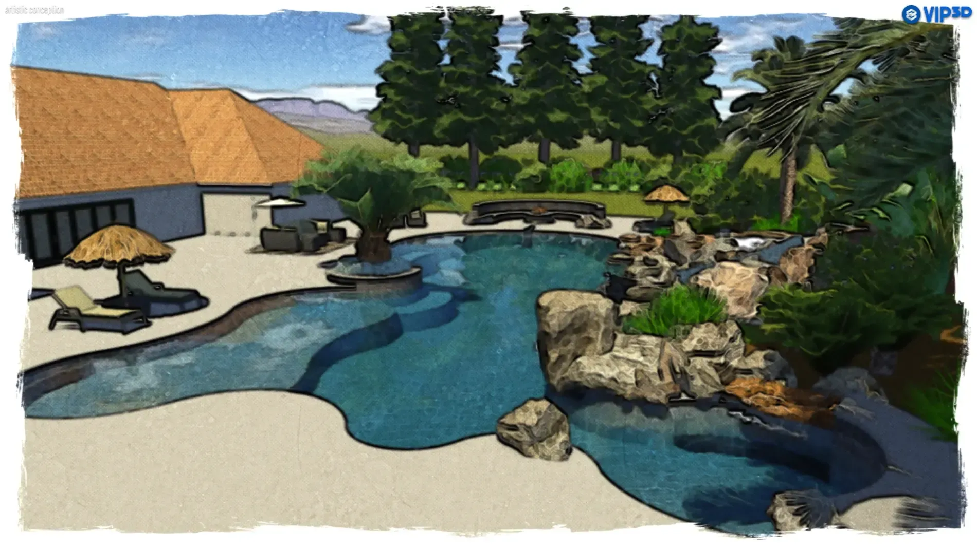 Tropical backyard pool with rock waterfall, lounge chairs, palm trees, and a house beside blue water.