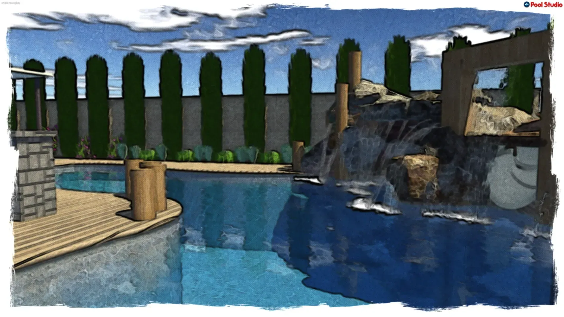 Modern resort pool with a waterfall, stone walls, and tall cypress trees under a blue sky