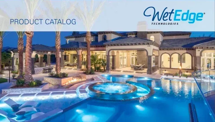 Luxury resort pool at dusk with blue-lit water, palm trees, and WetEdge product catalog branding