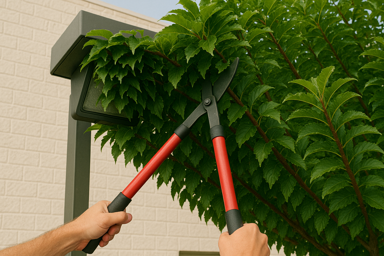 Hands using red-handled shears to trim green foliage of a tree near a building.