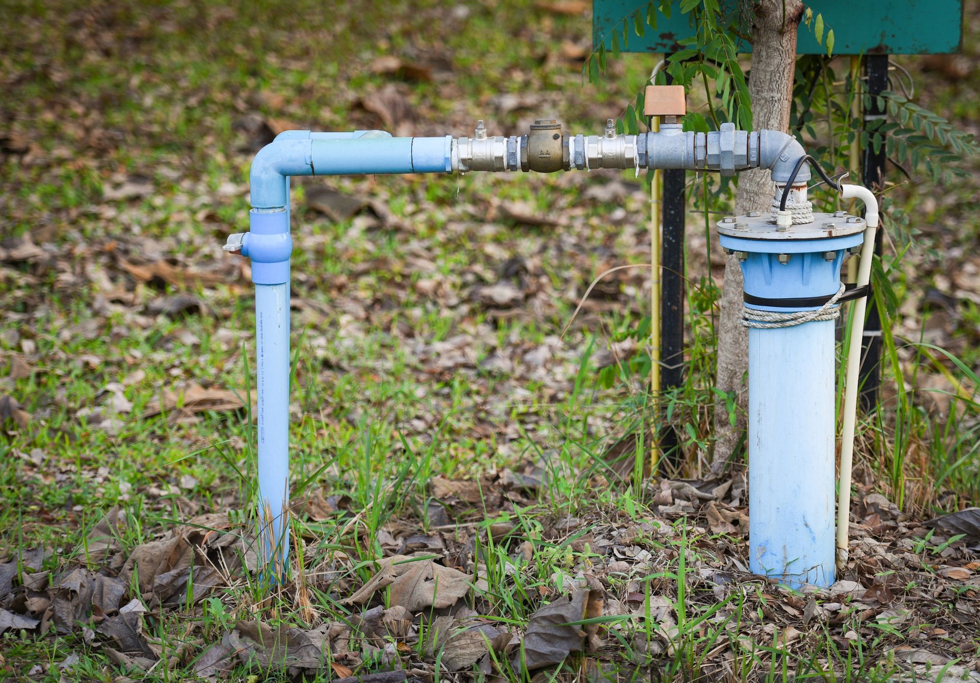 A blue water pipe is sitting in the grass next to a tree.