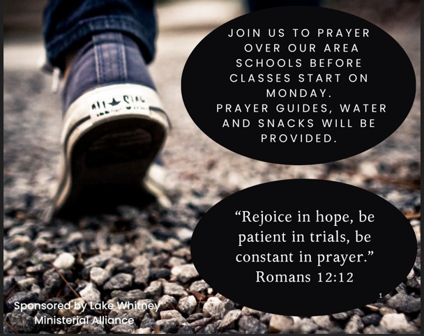 Poster: inviting prayer for schools. A person in a blue Converse shoe walks on gravel. Text says