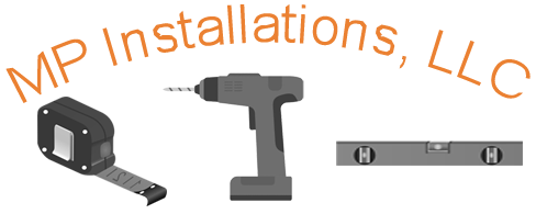 Logo for MP Installations, LLC with a tape measure, drill, and level. Text is orange.