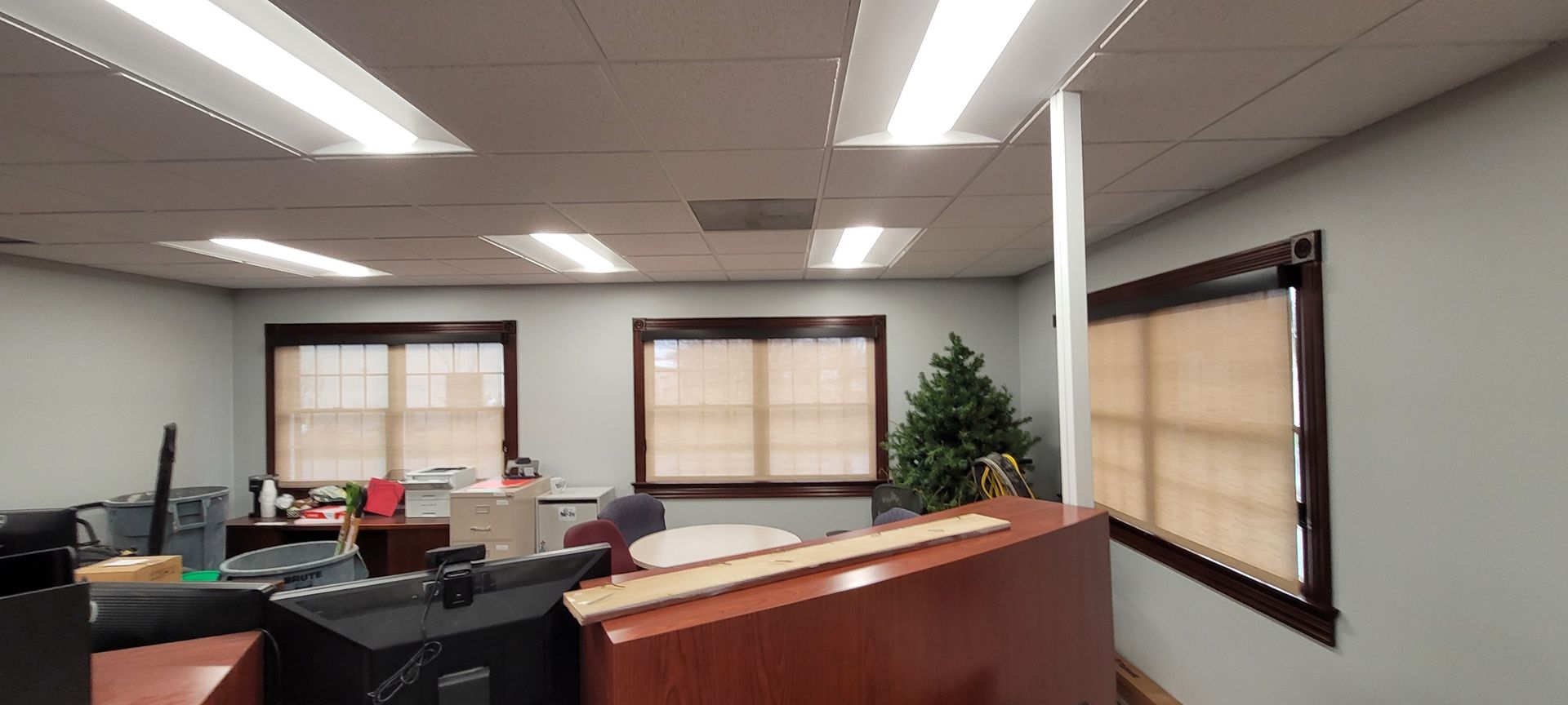 An office interior with desks, windows, and overhead lights. A Christmas tree is visible.
