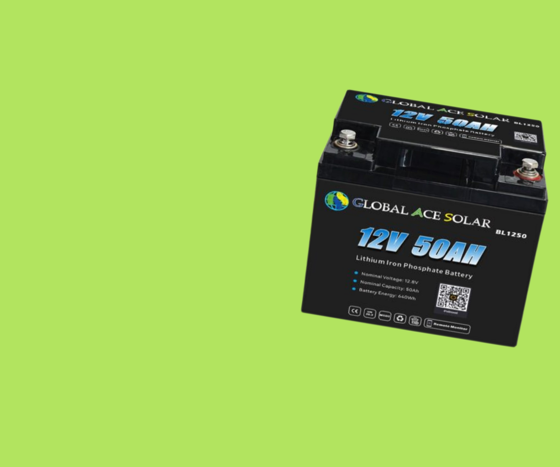 A 12v 50ah battery is sitting on a green surface.