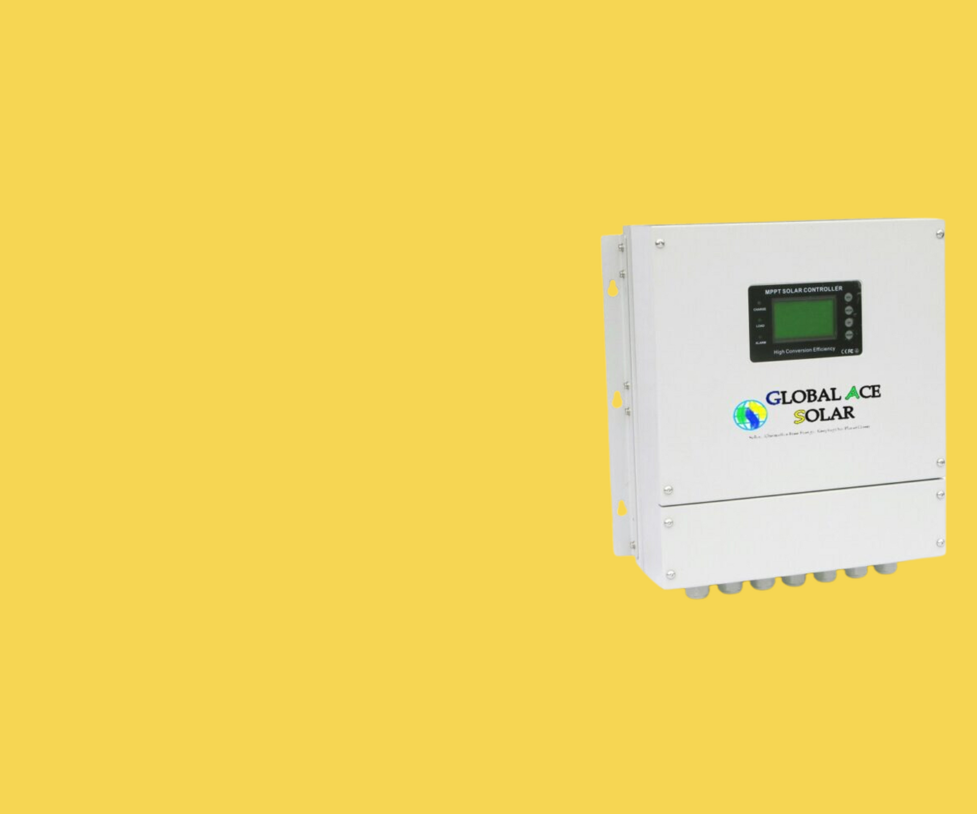 A white box with a green screen on a yellow background.