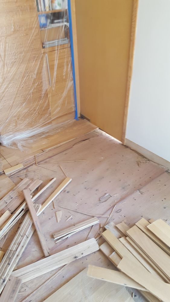 A room with a lot of wood on the floor and a door