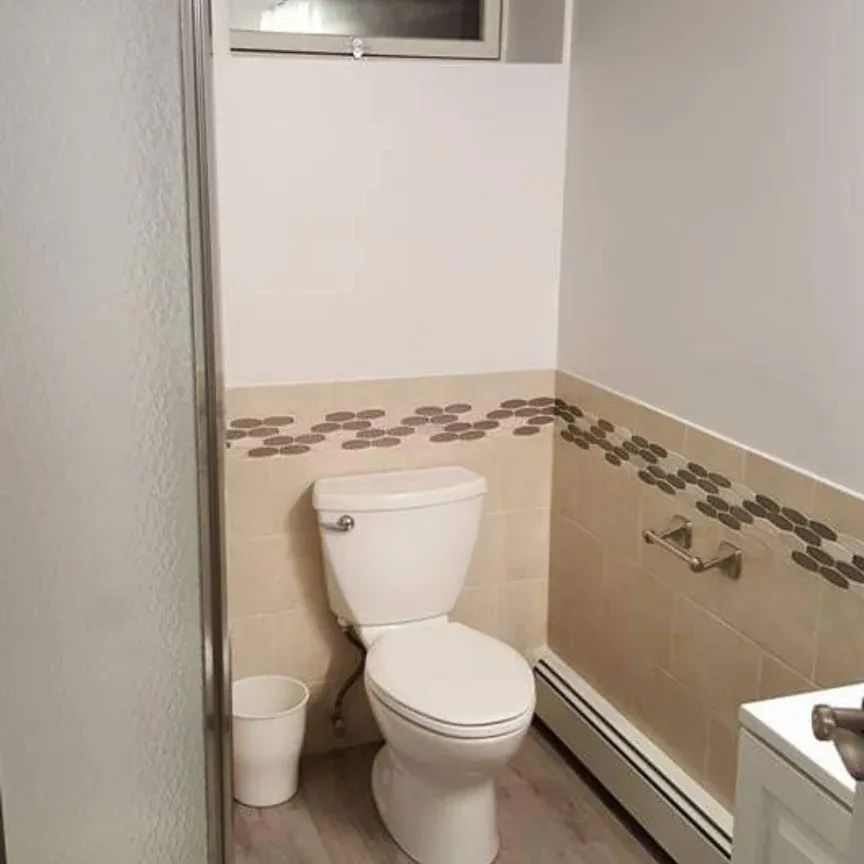 A bathroom with a toilet , sink , and trash can