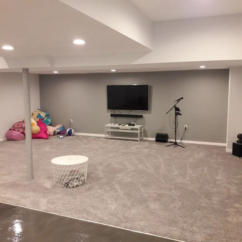 A basement with a microphone and a flat screen tv