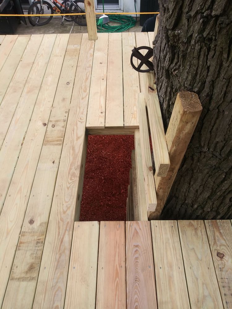 A wooden deck with a tree in the background