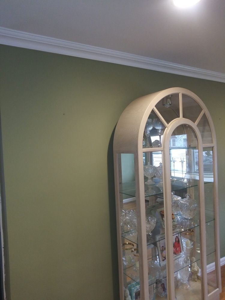 A display case with a green wall behind it