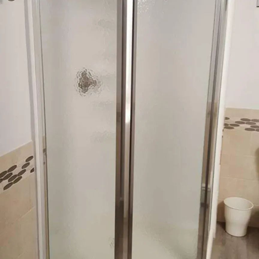 A bathroom with a toilet and a shower stall