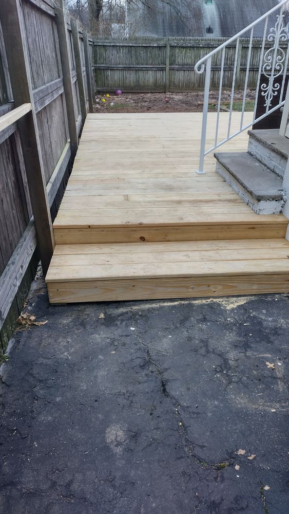 A wooden deck with stairs
