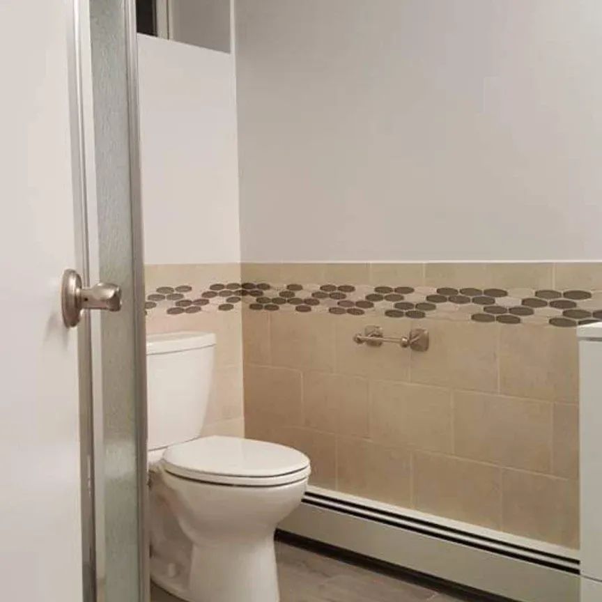 A bathroom with a toilet, sink, and shower