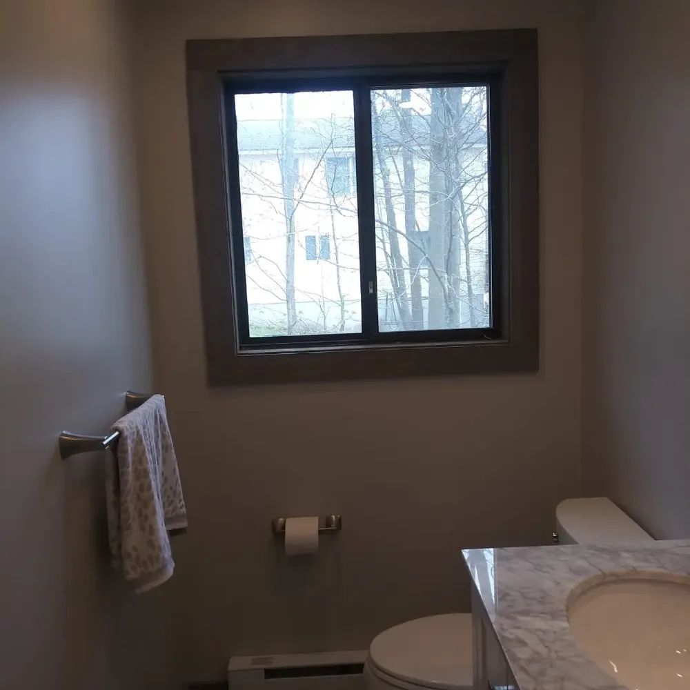 A bathroom with a toilet, sink, and window