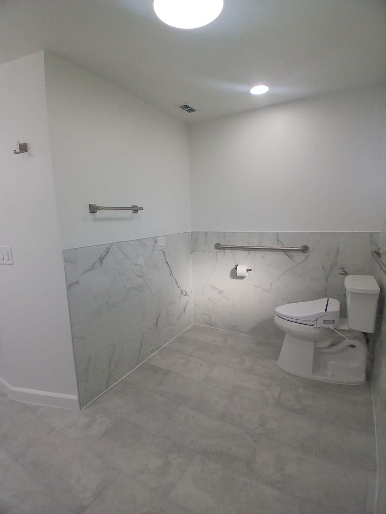 A bathroom with a toilet , shower , and handrails