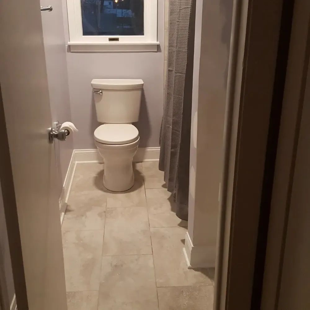 A bathroom with a toilet , shower curtain and window