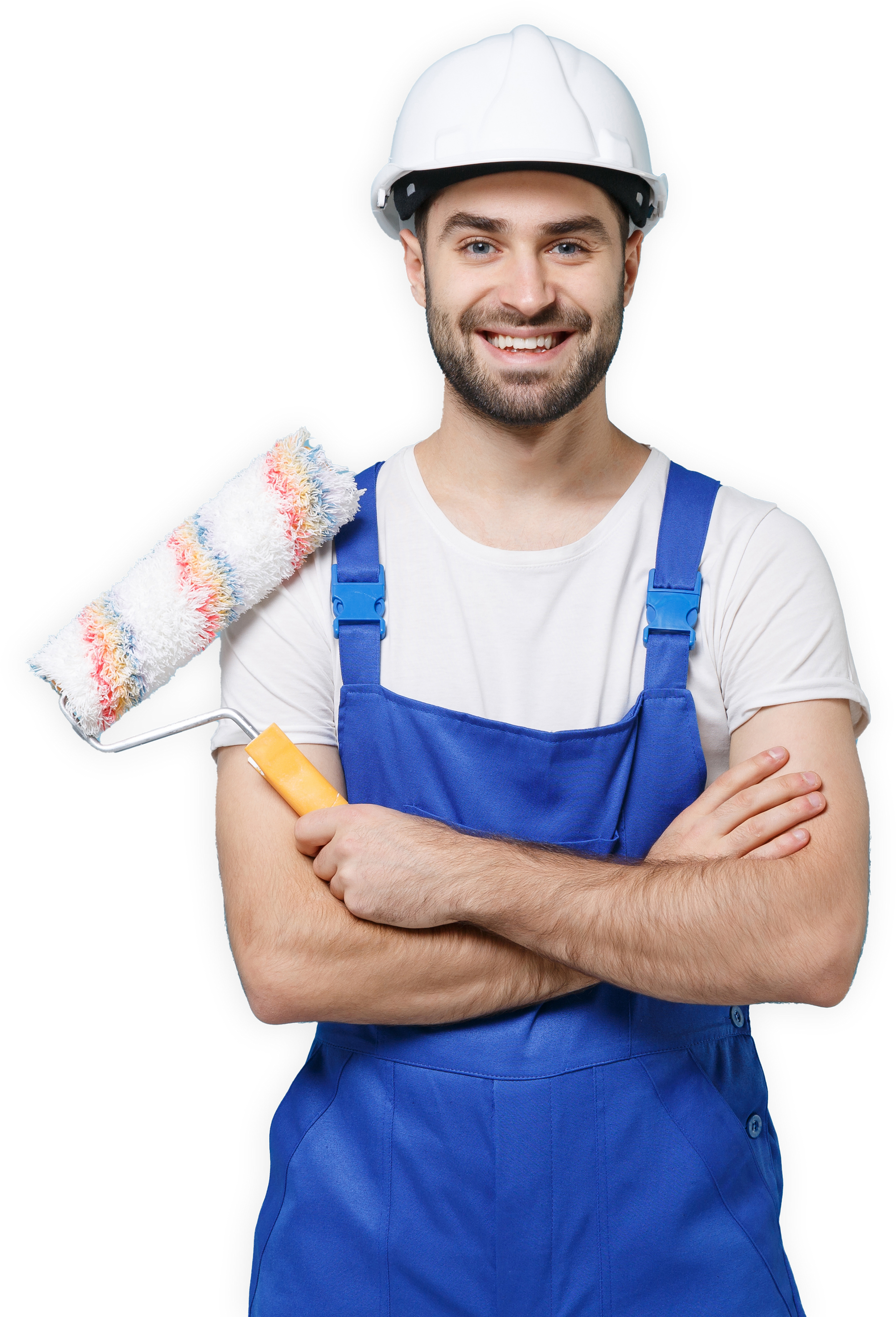 A man wearing a hard hat and blue overalls is holding a paint roller.