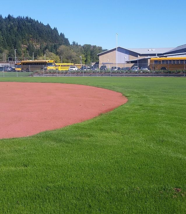 A baseball field with a red clay infield and green grass, featuring yellow school buses parked in the background.