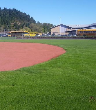 A baseball field with a red clay infield and green grass, featuring yellow school buses parked in the background.