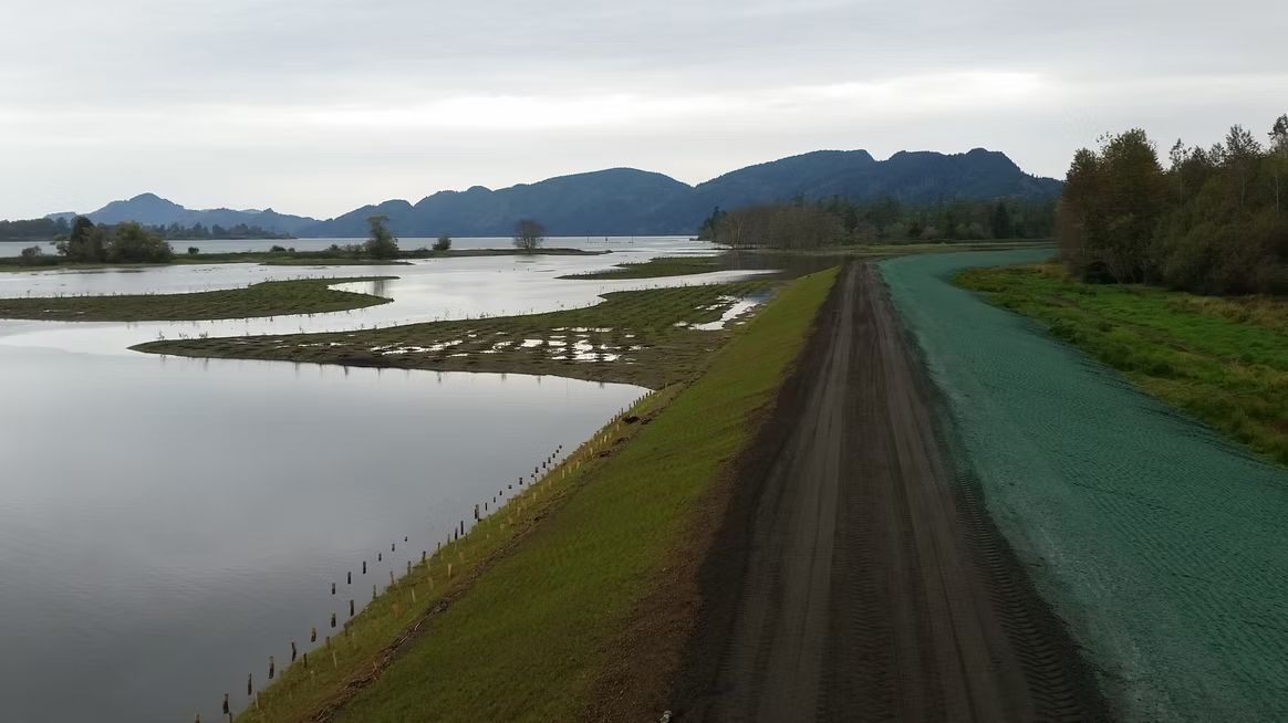 A dirt road runs between a flooded waterway with marshy islands and a sloped, green-stabilized bank under a cloudy sky.