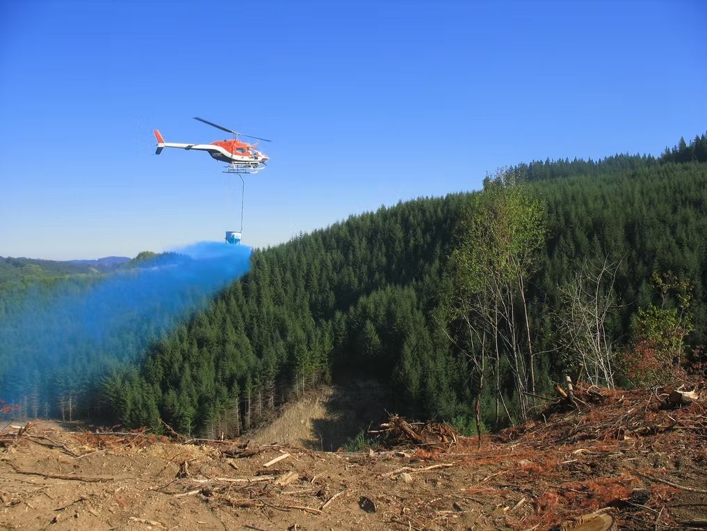 A helicopter with a suspended bucket releases a cloud of blue liquid over a forest hillside.