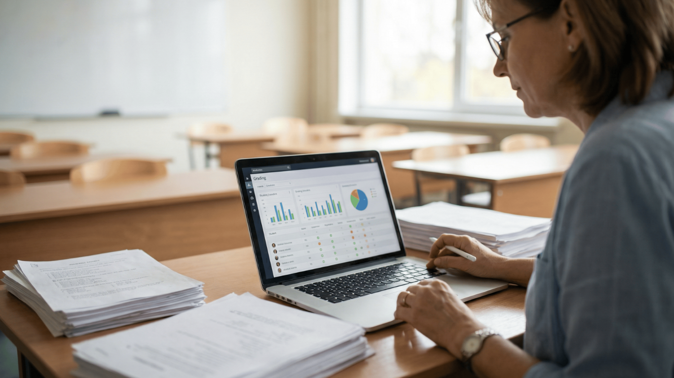 A person works on a laptop displaying data charts in an empty classroom with stacks of paper on the desk.