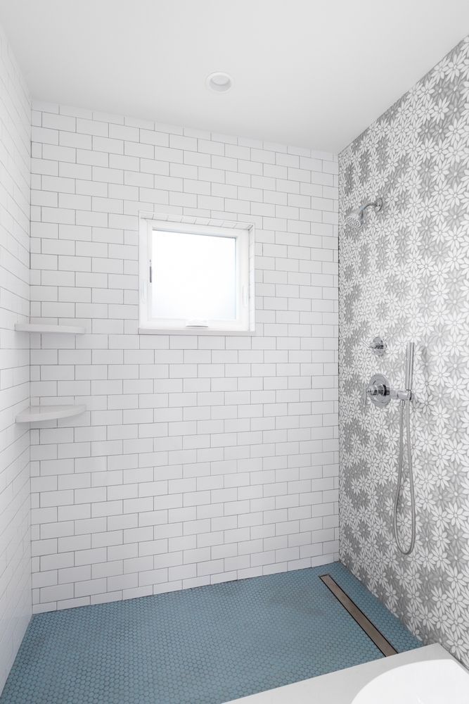 A Bathroom With White Brick Walls And A Blue Tile Floor — Tile Power Dubbo In Dubbo, NSW