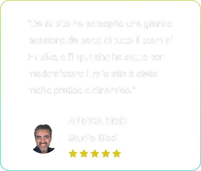 Un uomo con la barba sorride e scrive una recensione a cinque stelle.