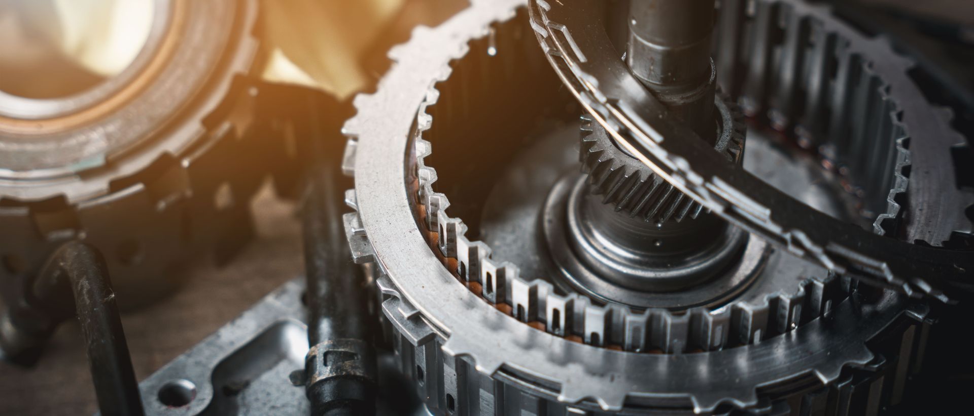 Close-up of disassembled machine gears and cogs.