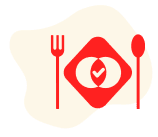 Red dining logo with fork, spoon, and leaf in a rounded diamond shape on a light background
