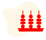 Red symbolic graphic of three vertical posts with stacked circles on a white background
