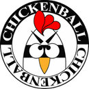 Circular Chickenball logo with a black-and-white cartoon chicken face and red comb on a white background
