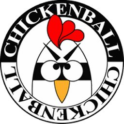 Circular Chickenball logo with a black-and-white cartoon chicken face and red comb on a white background