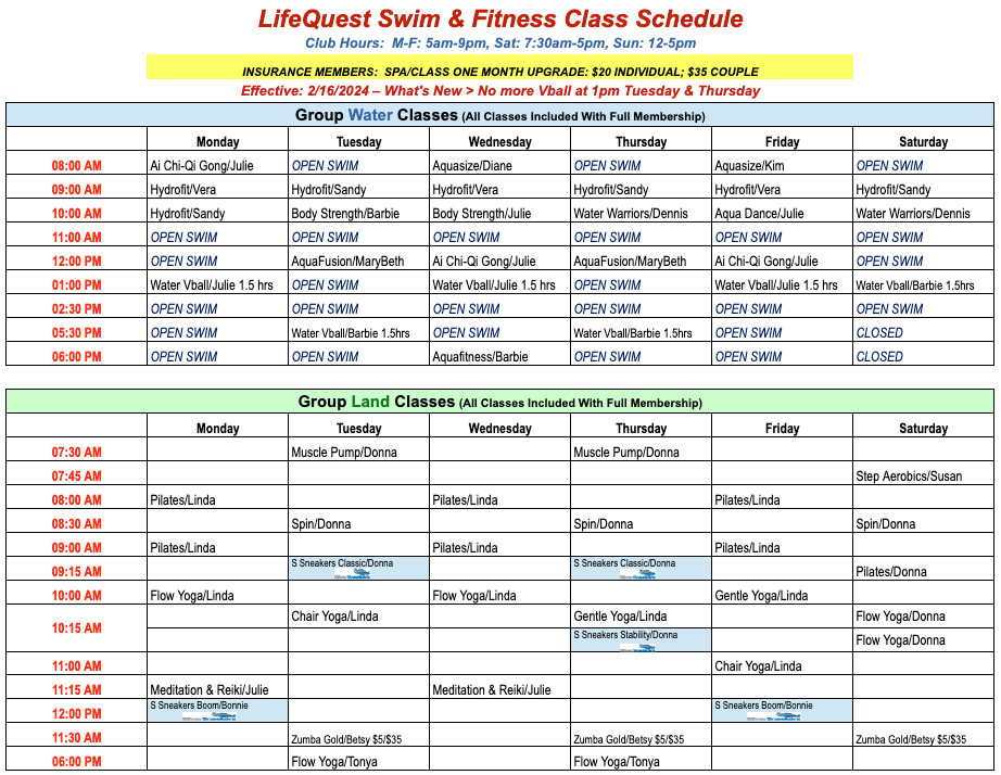 LifeQuest Swim & Fitness Class Schedule