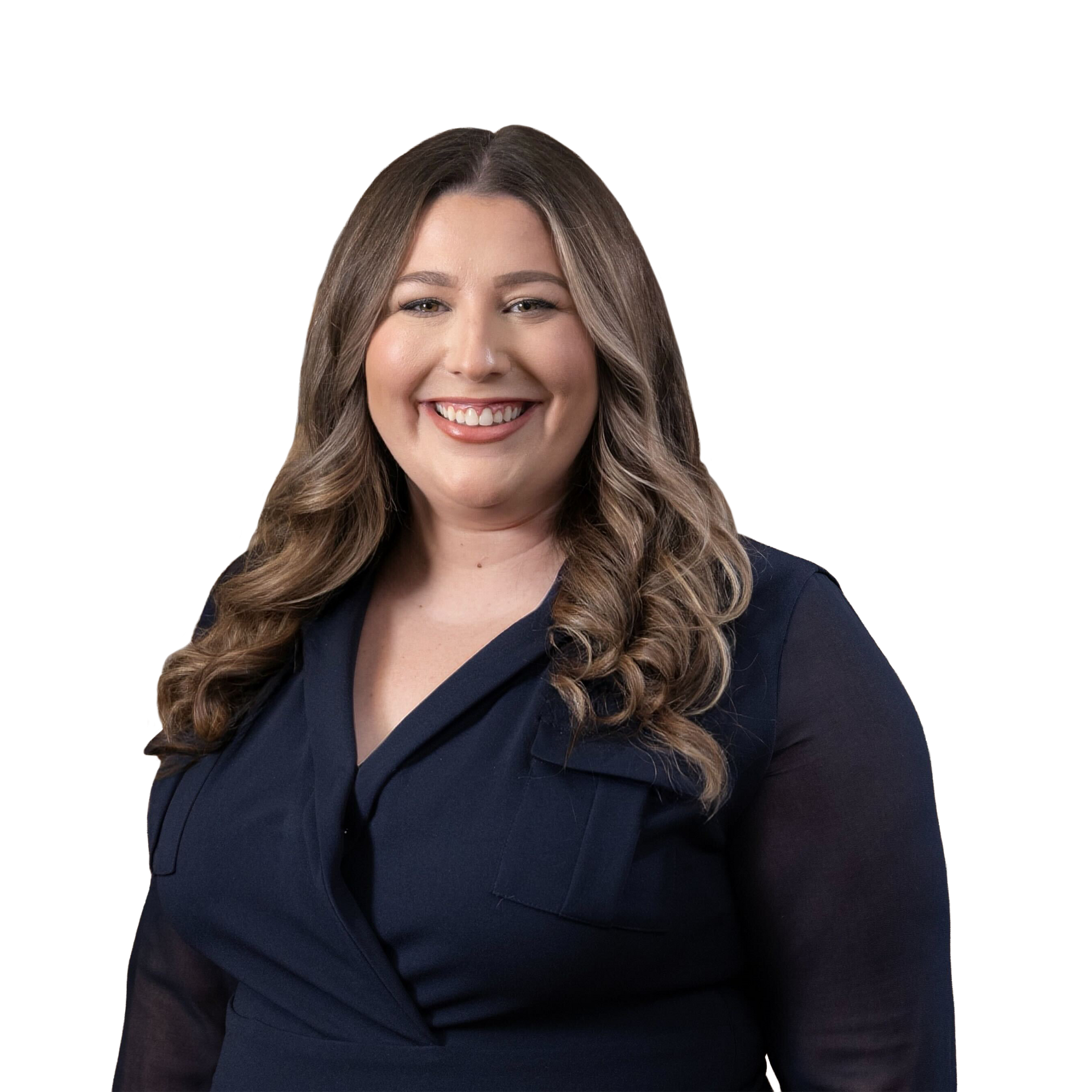 Man in a blue suit, glasses, and a patterned tie, smiling. Studio shot.