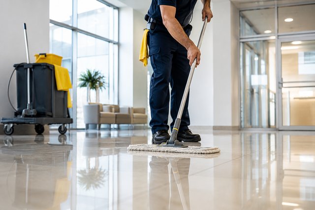 Janitor mopping a shiny office hallway floor beside cleaning cart and supplies