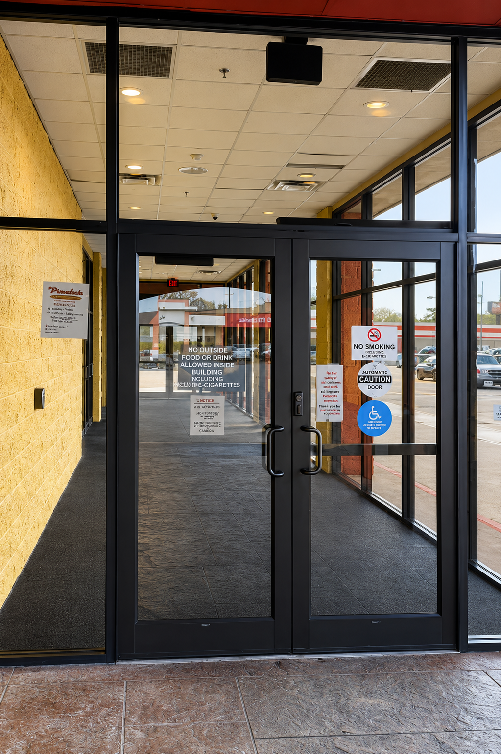 Glass storefront entrance with dark-framed doors and a wheelchair access sign.