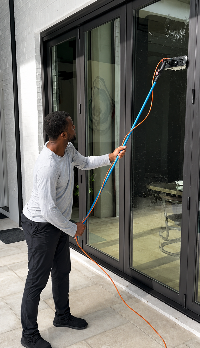 Worker using a long-handled tool to clean tall glass doors on a building exterior