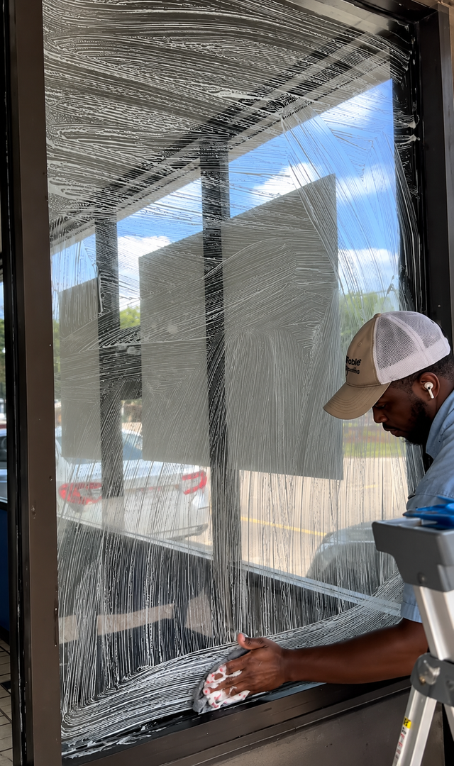 Person working at a window with reflective insulation panels, using tools inside a partially covered frame.