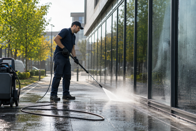 Worker pressure-washing a glass building sidewalk beside parked equipment on a sunny day