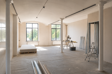 Bright unfinished room with large windows, a bed, paint supplies, and ladders during renovation