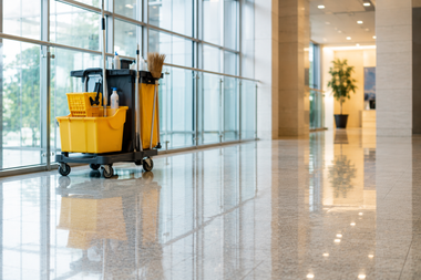 Janitorial cart with yellow cleaning supplies in a polished office hallway