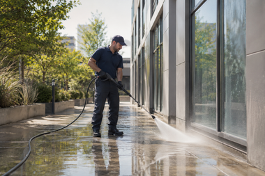 Worker pressure-washing a glass building walkway on a sunny day